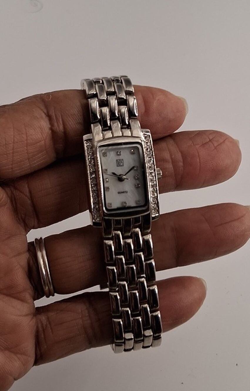 Womens Silver Tone Rectangle Crystal Bezel Quartz Watch Mother of Pearl Dial